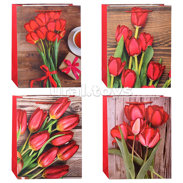 Пакет подарочный "Красные тюльпаны" 26х32х10 см