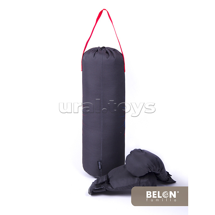 Набор для бокса: Груша боксерская (цилиндр 40смхØ15см) с перчаткми.  Принт "Медведь". Цвет красный-синий, оксфорд