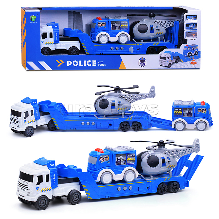 Автовоз с полицейской машиной и вертолетом, на батарейках, в коробке