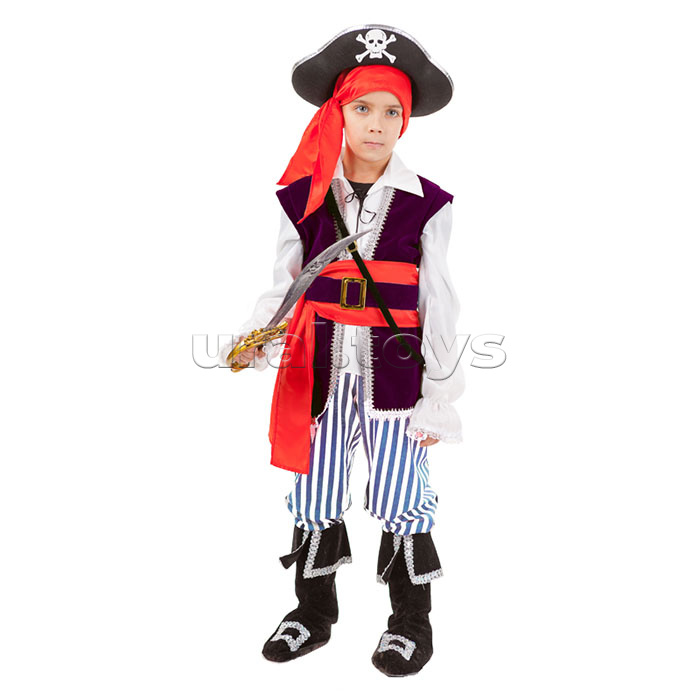 Костюм "Пират Спайк" (рубашка с жилетом и поясом, брюки с сапогами, бандана, шляпа, сабля) р.146-38