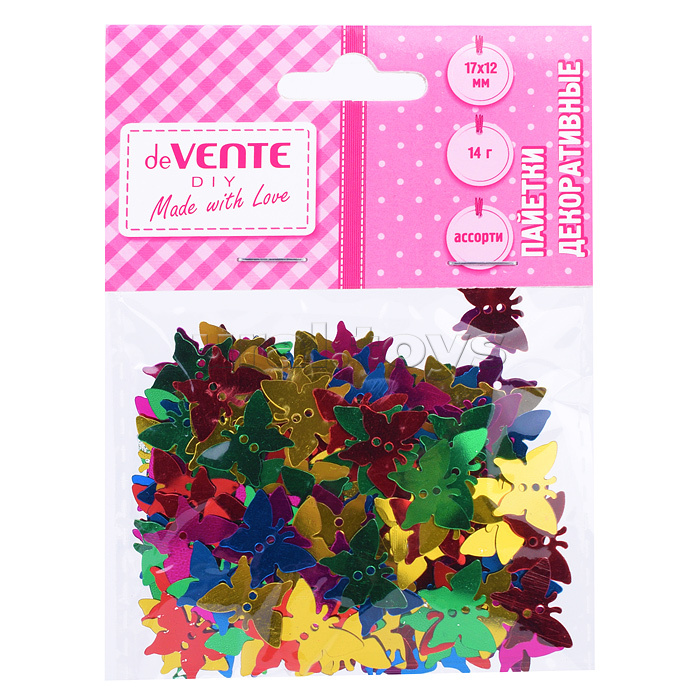 Пайетки декоративные "Бабочки" 14 г, размер 15x12 мм, ассорти цветов, в пластиковом пакете с блистерным подвесом