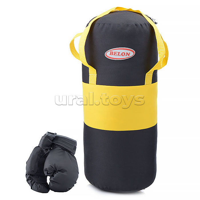 Набор для бокса: груша 50 см х Ø20 см. с перчатками. Цвет черный+желтый, ткань "Оксфорд"