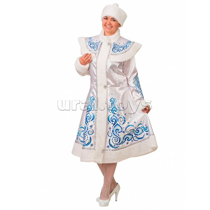 Карнавальный костюм "Снегурочка аппликация белая сатин " (д/взр)р.52-54 с маскарадными принадлежностями
