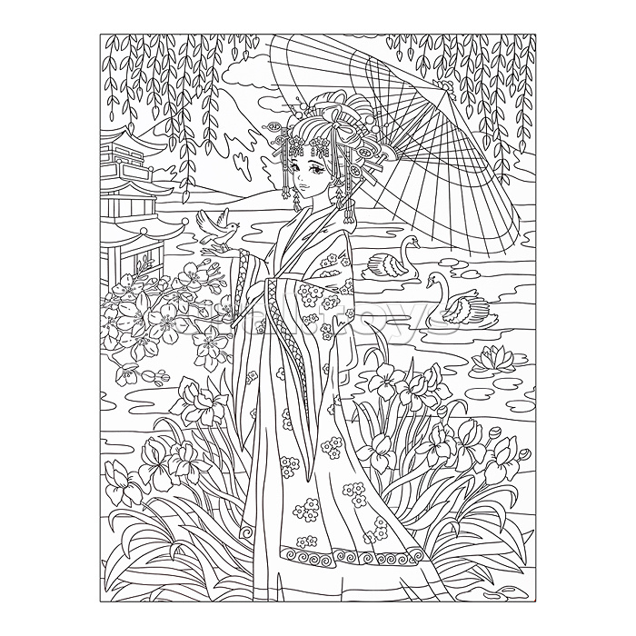 Раскраска в стиле Anime "Девочка в кимоно" (формат А3)