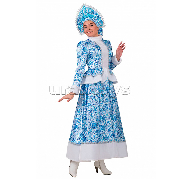Карнавальный костюм "Снегурочка узорная длинная" (кафтан, длинная юбка, кокошник) (д/взр)  р. 50