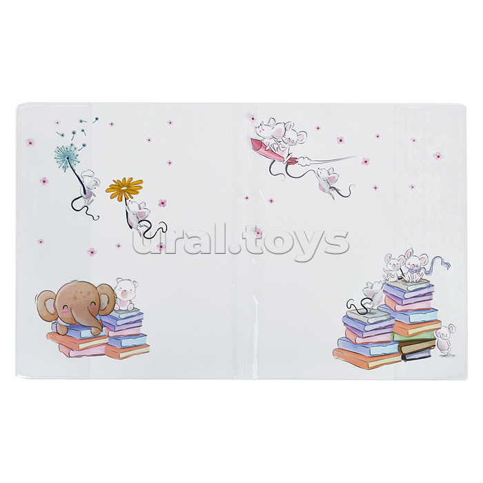 Обложка для дневников и тетрадей "Мышки в школе" 355x213 мм, ПВХ 140 мкм, прозрачная с цветным рисунком, 3 шт в пластиковом пакете